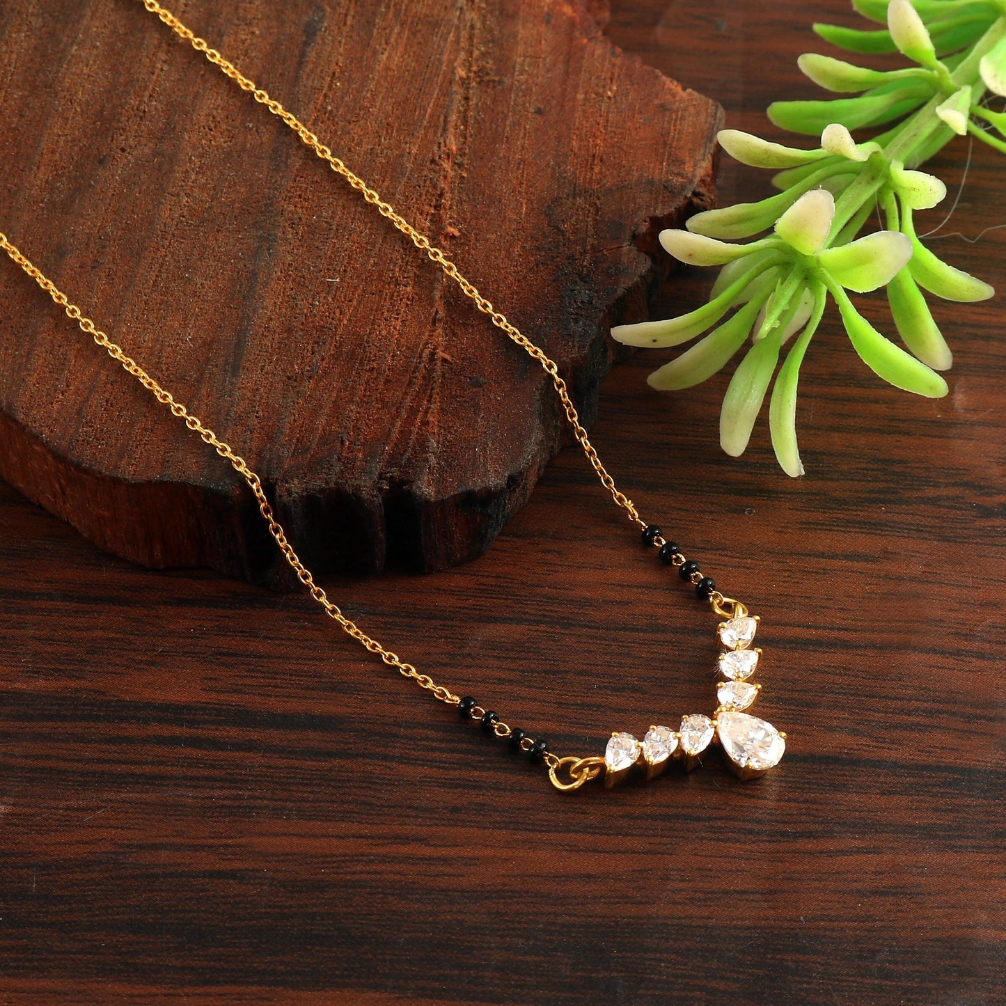 Moissanite & Black Beads Mangalsutra, Gold Chain Necklace, Handmade Beaded Jewelry, Indian Traditional Jewelry for Bride, Wedding Necklace