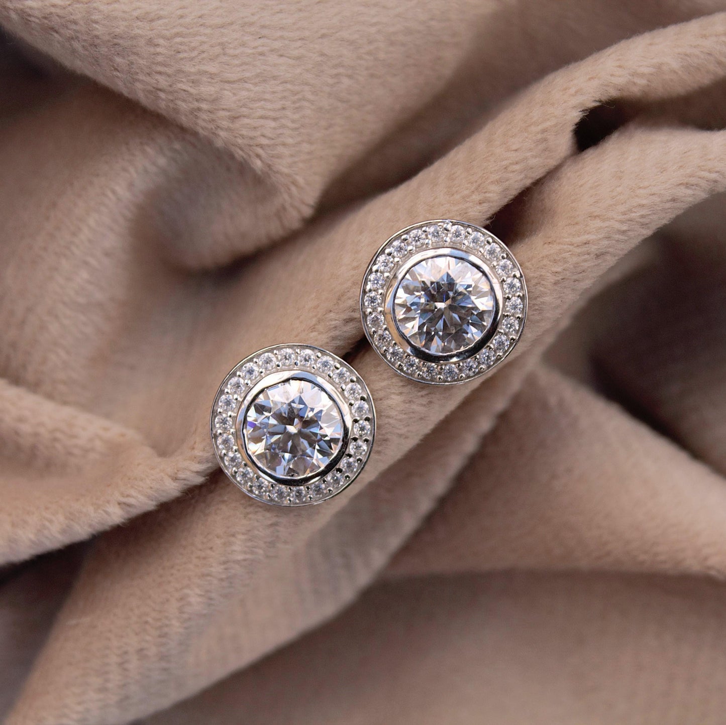 Silver Moissanite Stud Earrings for Her, Solitaire Halo Stud Earrings, Round Stone Earrings, Round Cut Earrings, 925 Sterling Silver Studs