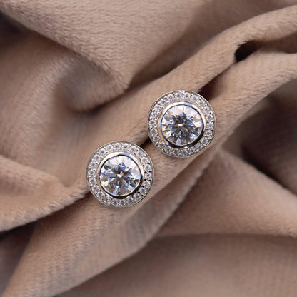 Silver Moissanite Stud Earrings for Her, Solitaire Halo Stud Earrings, Round Stone Earrings, Round Cut Earrings, 925 Sterling Silver Studs