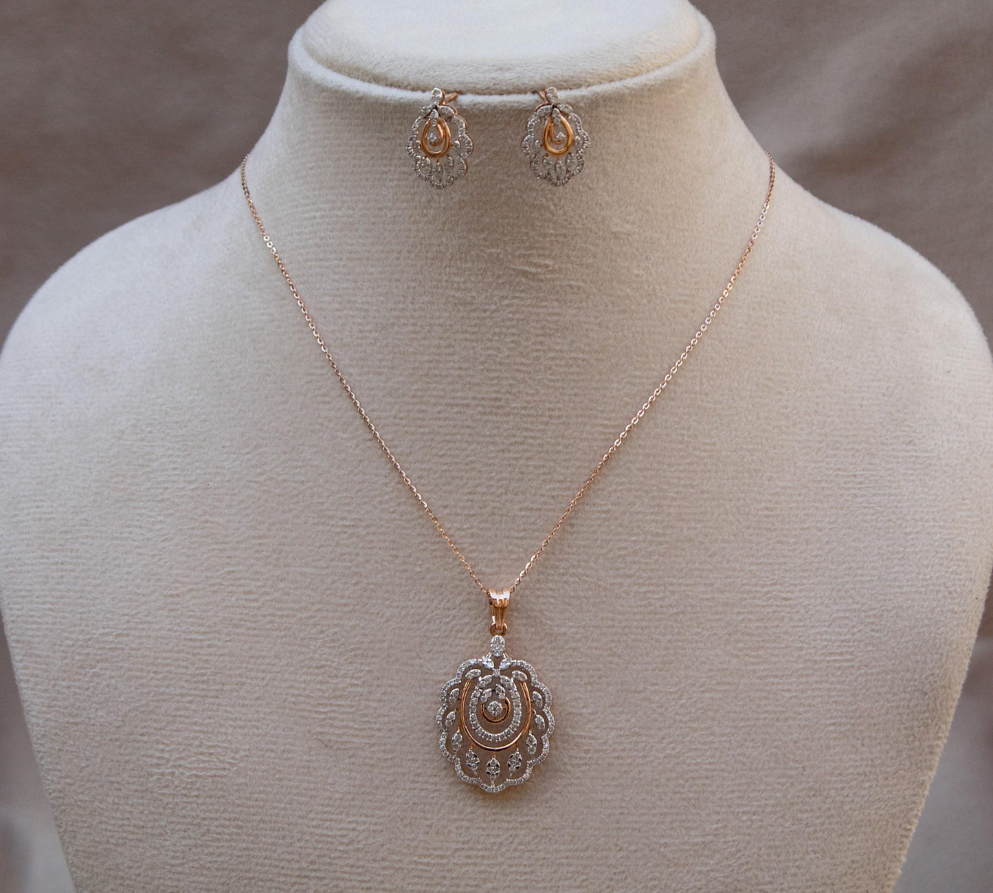 Solid 18k Rose Gold Designer Cluster Jewelry, IGI Certified Real Diamond Pendant Earrings Set, Delicate Necklace Earrings Set, Gift for Mom