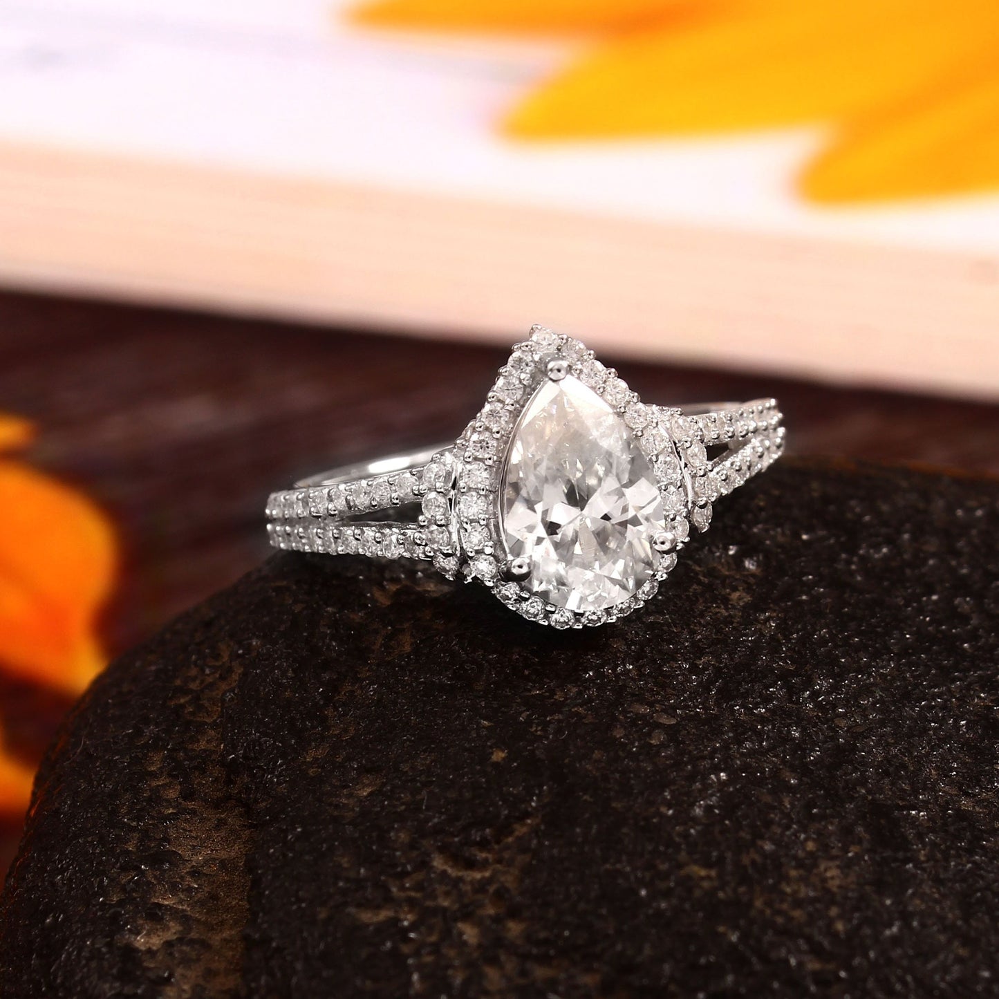 Pear Cut Lab Grown Diamond Ring, Wedding Halo Ring, Vintage Solid Gold Ring,10K, 14K, 18K Gold Jewelry, Lab Diamond Jewelry, Engagement Gift