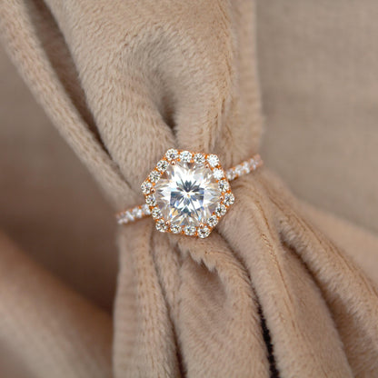 14K Rose Gold Moissanite Ring, Hexagon Ring, Art Deco Wedding Ring, Promise Ring, Vintage Halo Ring, Delicate Moissanite Gold Ring For Wife
