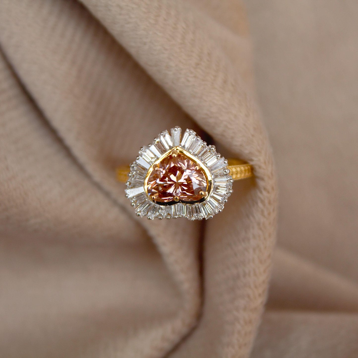 Natural Diamond with Lab Grown Diamond Heart Ring, 18K Solid Yellow Gold Ring, Heart Shape Engagement Ring for Bride, Baguette Diamond Ring