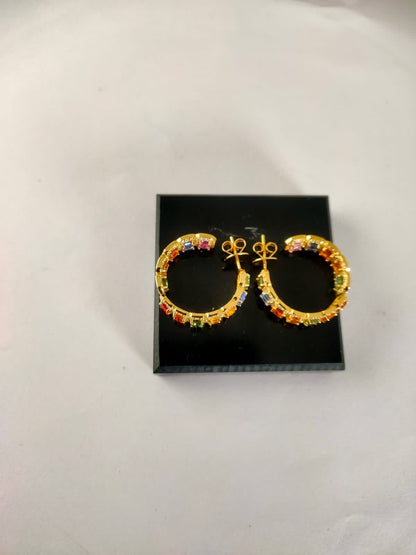 Natural Multi Sapphire Hoops Earring, Rainbow Sapphire & Moissanite Melee Stones Jewelry, Rainbow Ombre Gold Earrings, Huggies Earrings Gift