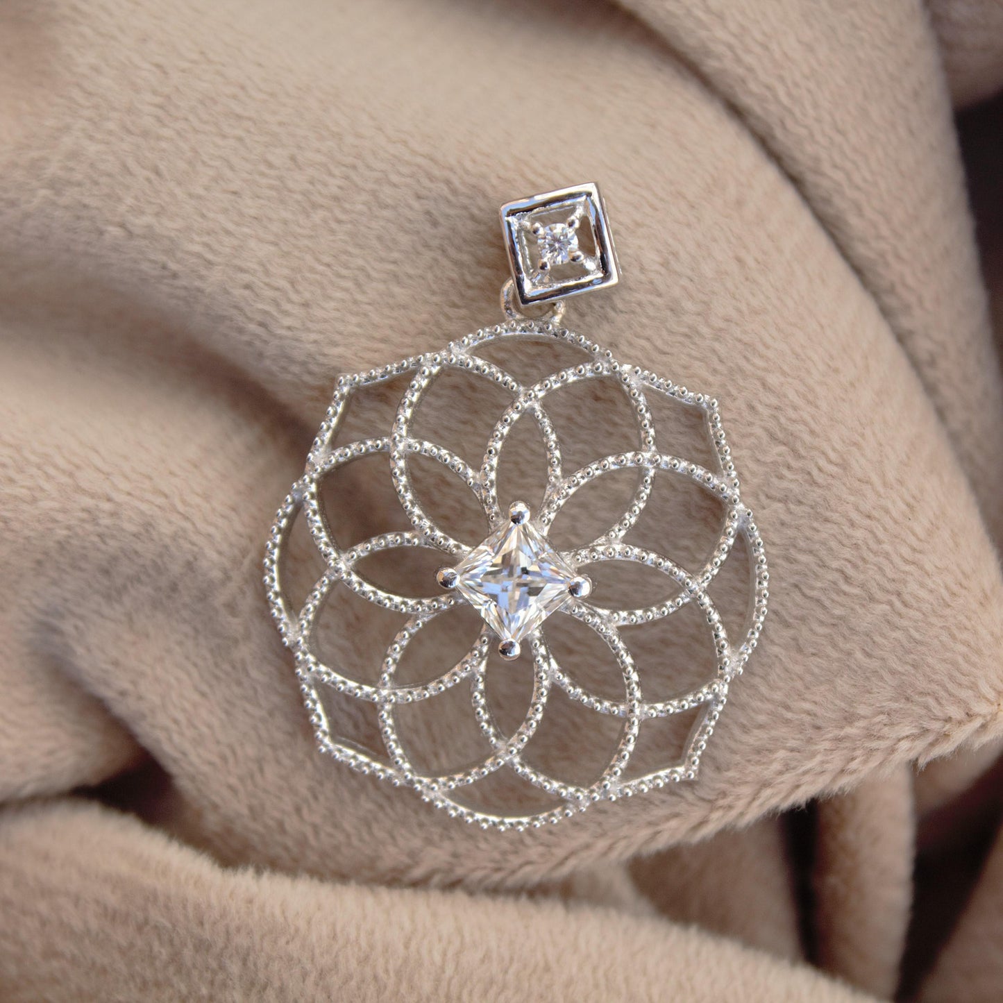 Seed of Life Chakra Pendant, Princess Cut Moissanite Pendant, Designer Healing Jewelry, Handmade Vintage Pendant, Perfect for Birthday Gift