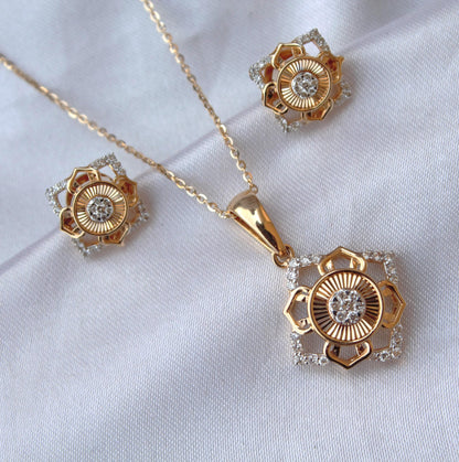 18k Yellow Gold Necklace with Earrings, Real Diamond Jewelry Set, Gold Diamond Jewelry for Her, Minimalist Charm Pendant with Chain and Stud