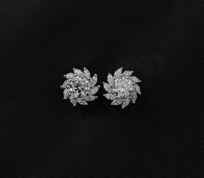 Moissanite Stud Earrings in 925 Sterling Silver, Marquise and Round Cut Stone Earrings, Floral Shape Earrings for Bride, White Stone Studs