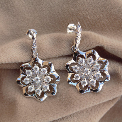 Floral Shape Moissanite Silver Earrings, 925 Sterling Silver Earrings for Women, Vintage Look Earrings, Flower Earrings, Anniversary Gift