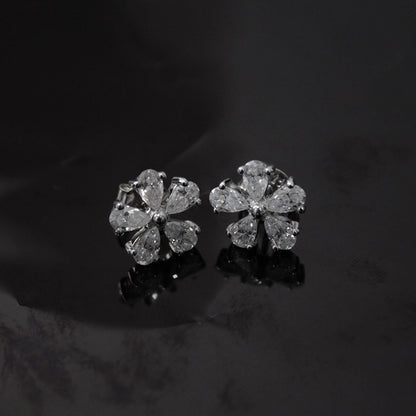 925 Sterling Silver Moissanite Tiny Floral Stud Earrings, Silver Stud Earrings for Her, Minimalist Pear Stud Earrings, Perfect Birthday Gift