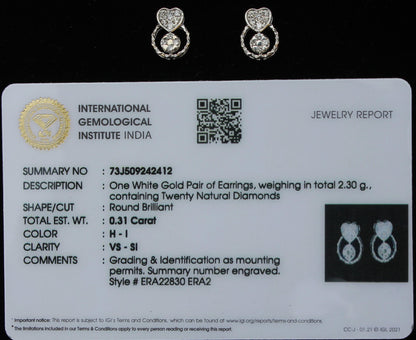 White Gold Diamond Earrings Necklace Set, 18K Gold Diamond Jewelry, IGI Certified Jewelry, Heart Shape Jewelry Perfect For Valentines Gift
