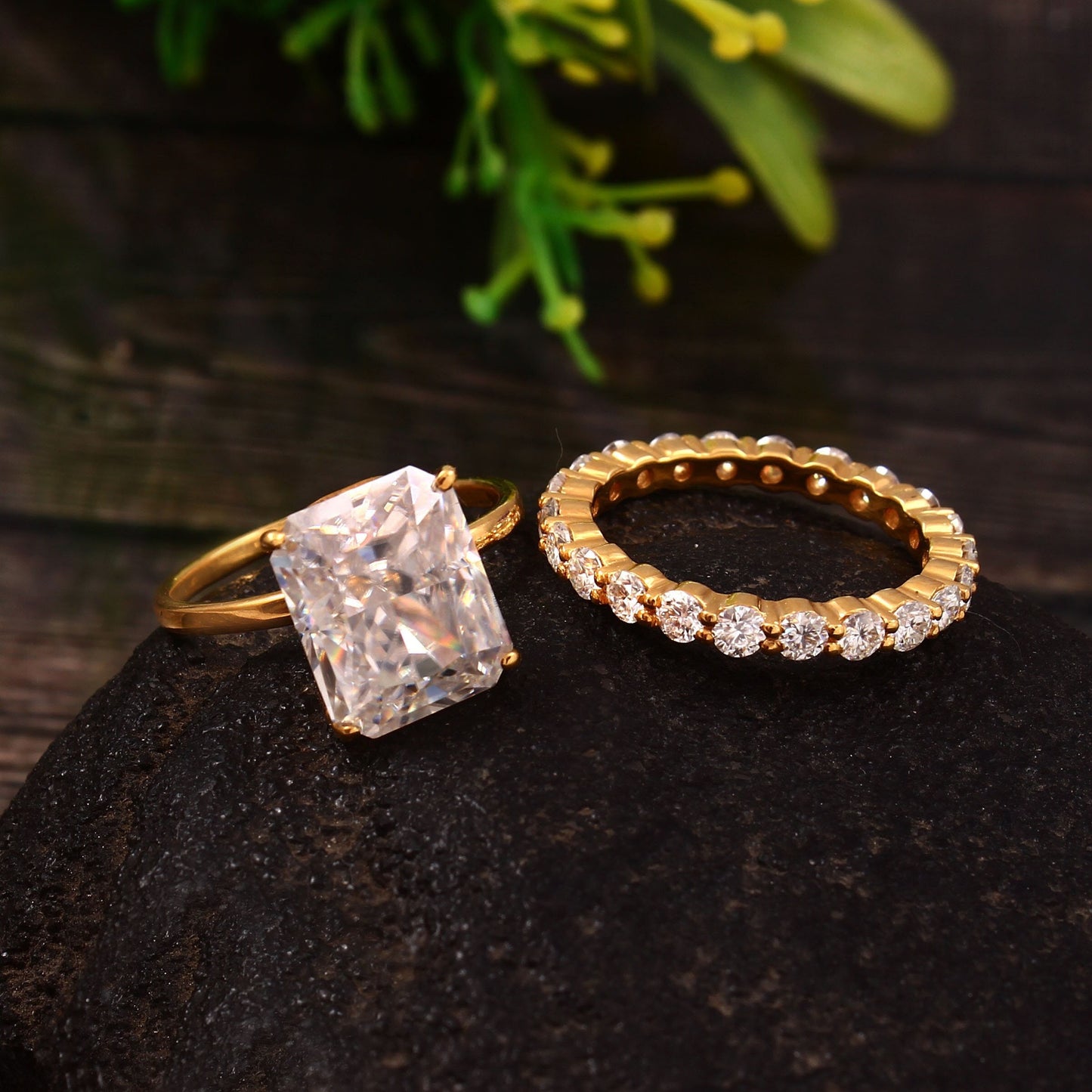Radiant & Round Moissanite Gold Ring/ Moissanite Bridal Wedding Ring Set/ Matching Full Eternity Moissanite Band/ Hidden Halo Ring