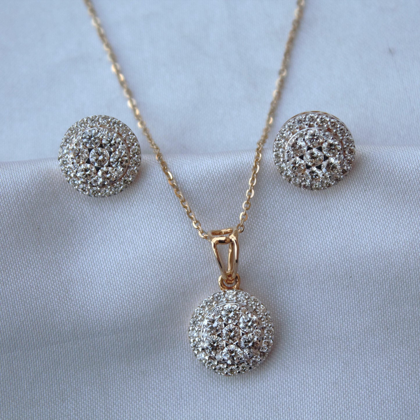 Gold Solitaire Halo Pendant Earrings Set, Real Diamond Jewelry Bridal Set, Round Shape Jewelry,18k Yellow Gold Necklace Earrings Set for Her