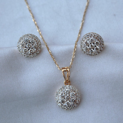 Gold Solitaire Halo Pendant Earrings Set, Real Diamond Jewelry Bridal Set, Round Shape Jewelry,18k Yellow Gold Necklace Earrings Set for Her