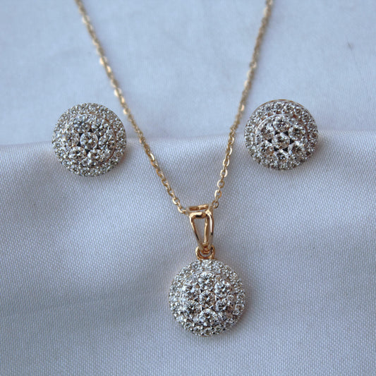 Gold Solitaire Halo Pendant Earrings Set, Real Diamond Jewelry Bridal Set, Round Shape Jewelry,18k Yellow Gold Necklace Earrings Set for Her