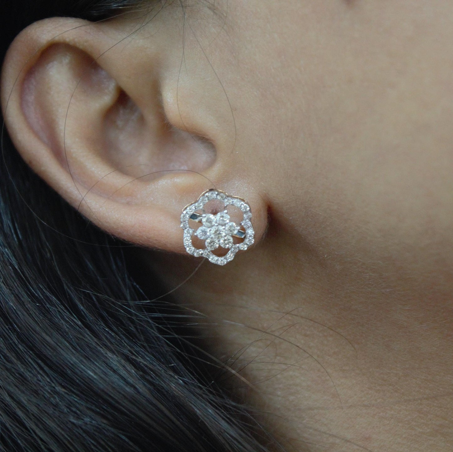 Floral Shape Gold Diamond Jewelry Set, 18k Rose Gold Chain Pendant with Stud Earrings, Real Diamond Bridal Jewelry Set for Wedding Gift