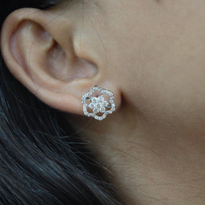 Floral Shape Gold Diamond Jewelry Set, 18k Rose Gold Chain Pendant with Stud Earrings, Real Diamond Bridal Jewelry Set for Wedding Gift