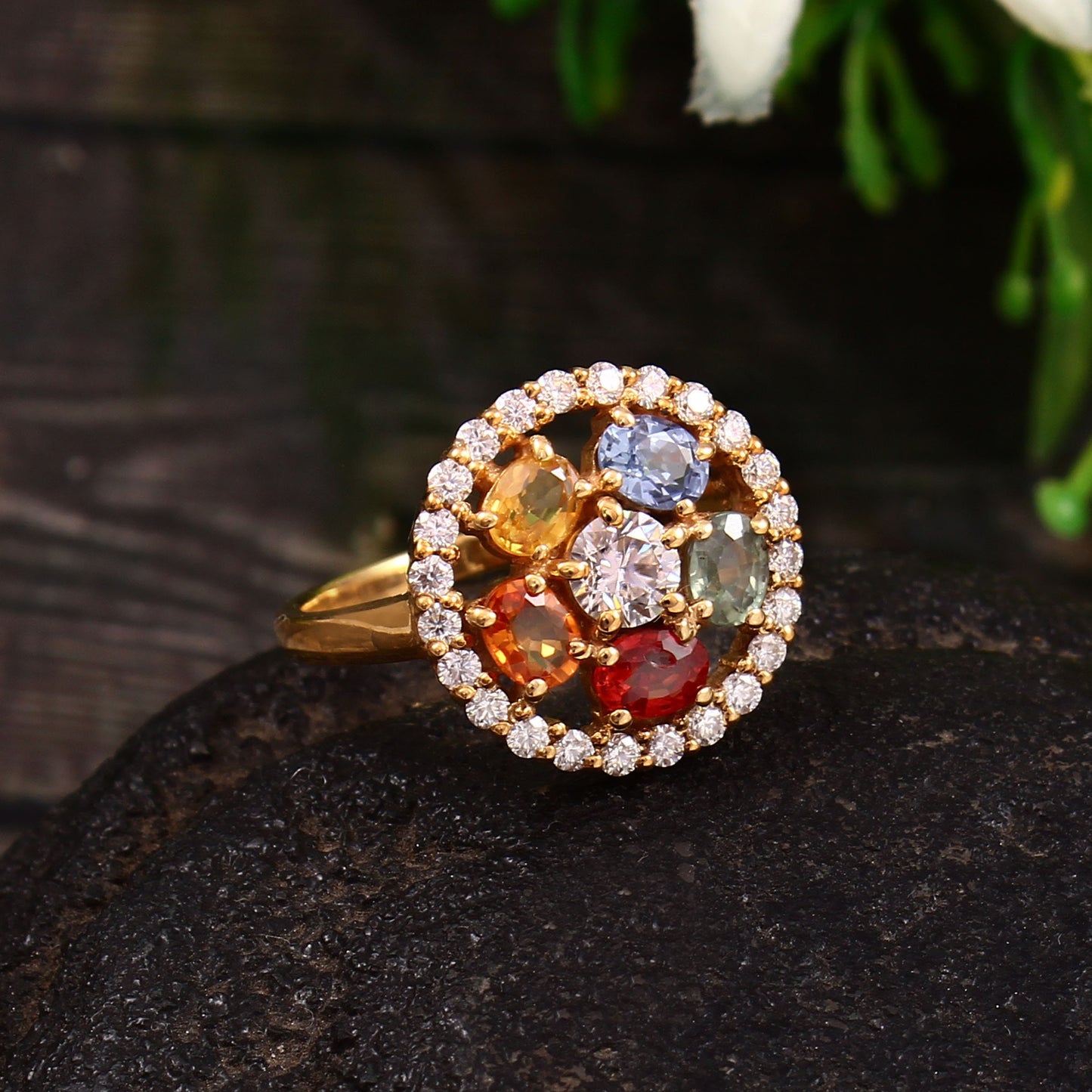 Natural Rainbow Sapphire Ring With Moissanite- Engagement Gold Ring, Flower Ring, Colorful Sapphires Ring, Multi Sapphire Designer Jewelry