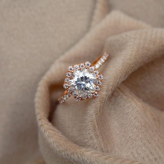 14K Rose Gold Moissanite Ring, Hexagon Ring, Art Deco Wedding Ring, Promise Ring, Vintage Halo Ring, Delicate Moissanite Gold Ring For Wife