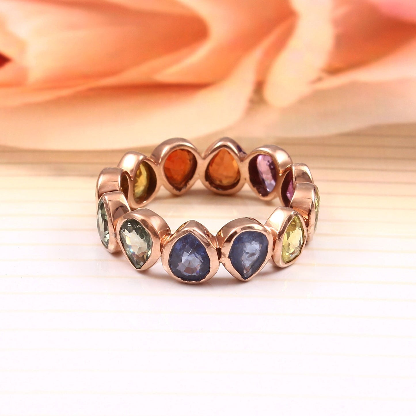 Natural Multi Sapphire Pear Band, Pear Bezel Setting Stones, Ombre Gradient Sapphire Ring, Pear Full Eternity Band Ring, Custom Order
