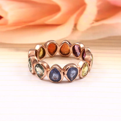 Natural Multi Sapphire Pear Band, Pear Bezel Setting Stones, Ombre Gradient Sapphire Ring, Pear Full Eternity Band Ring, Custom Order