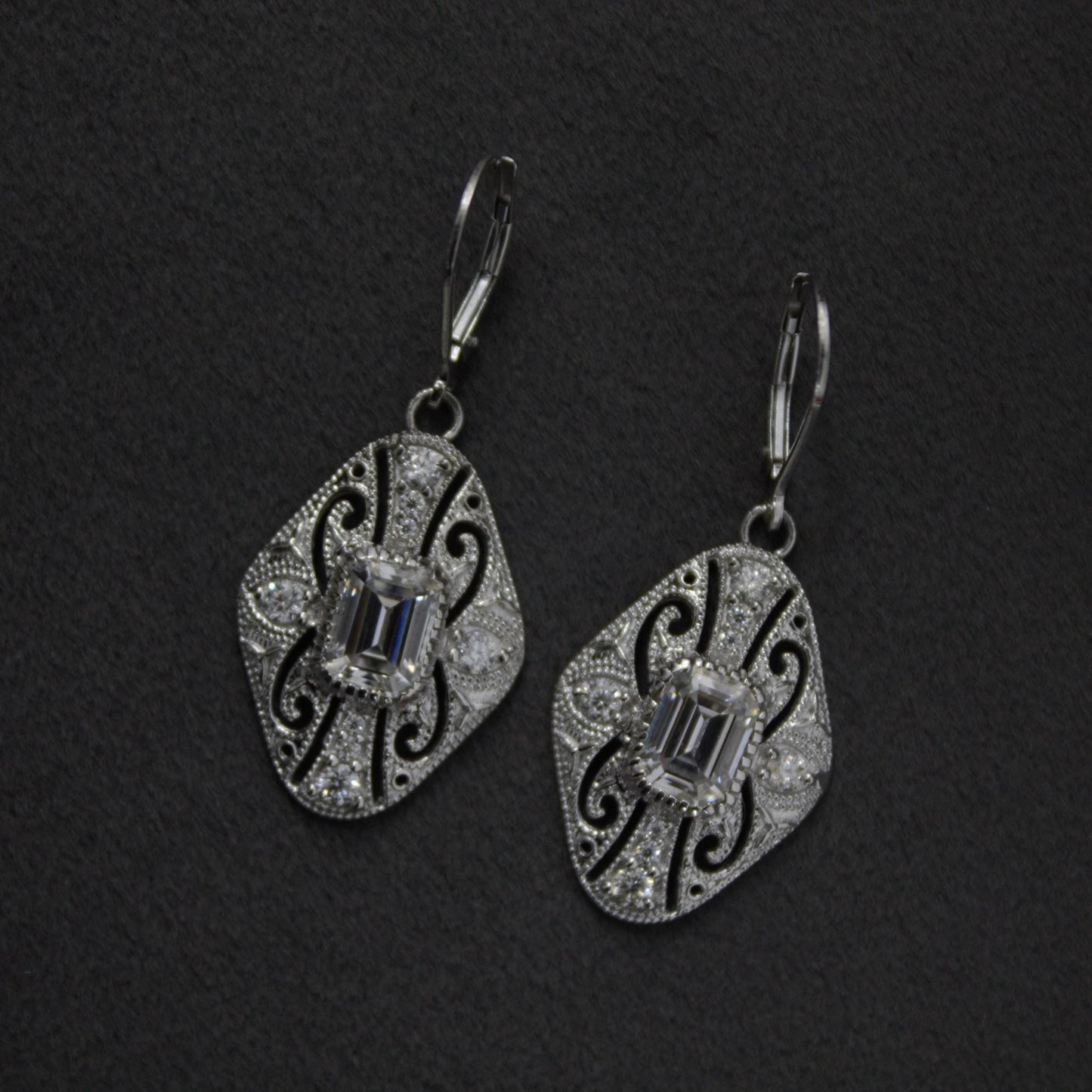 Vintage Style Moissanite Dangle Earrings, 925 Sterling Silver Art Deco Earrings, Antique Filigree Design Earrings, Emerald Cut Earrings