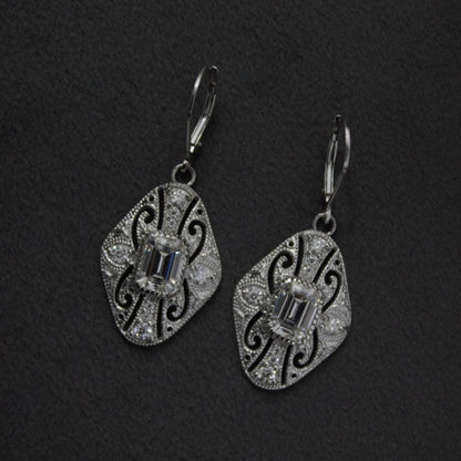 Vintage Style Moissanite Dangle Earrings, 925 Sterling Silver Art Deco Earrings, Antique Filigree Design Earrings, Emerald Cut Earrings