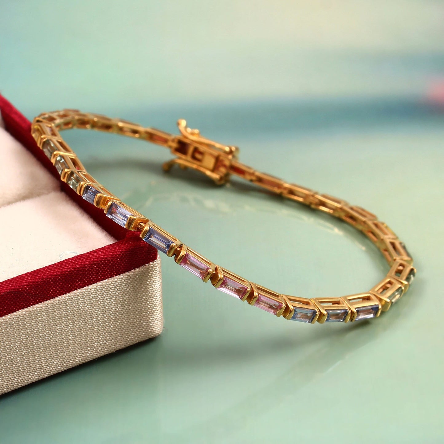 Rainbow Sapphire Bracelet, 4X2 MM Baguette Bracelet, Natural Multi Sapphire Tennis Bracelet- Gold Infinity Bracelet, Jewelry for Bridesmaids