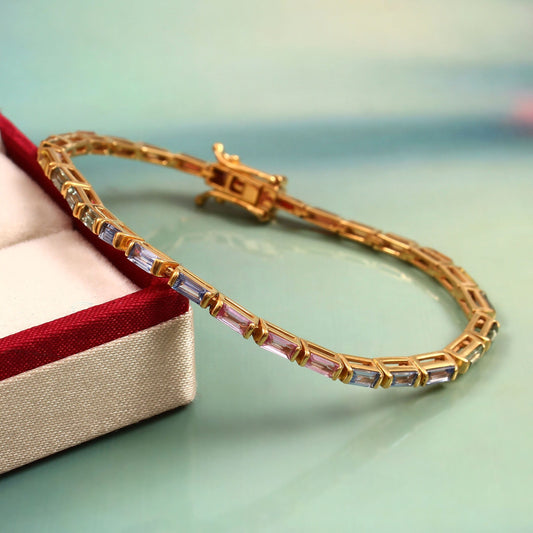 Rainbow Sapphire Bracelet, 4X2 MM Baguette Bracelet, Natural Multi Sapphire Tennis Bracelet- Gold Infinity Bracelet, Jewelry for Bridesmaids