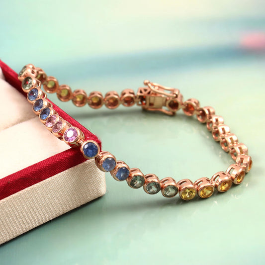 Multi Sapphire Bracelet, Natural Rainbow Sapphire Ombre Bracelet, Gold Minimalist Bezel Setting Bracelet, Tennis Bracelet, Birthday Gift