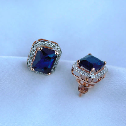 Blue Sapphire with Real Diamond Jewelry Set, 18k Rose Gold Solitaire Halo Pendant with Stud Earrings, Emerald Cut Necklace Earrings Set