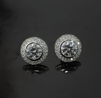 Silver Moissanite Stud Earrings for Her, Solitaire Halo Stud Earrings, Round Stone Earrings, Round Cut Earrings, 925 Sterling Silver Studs