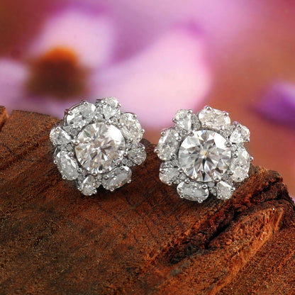 Lab Grown Diamond Studs, 14K White Gold Diamond Earrings, Floral Design Earrings for Women, Designer Stud Earrings, Birthday Gift for Her