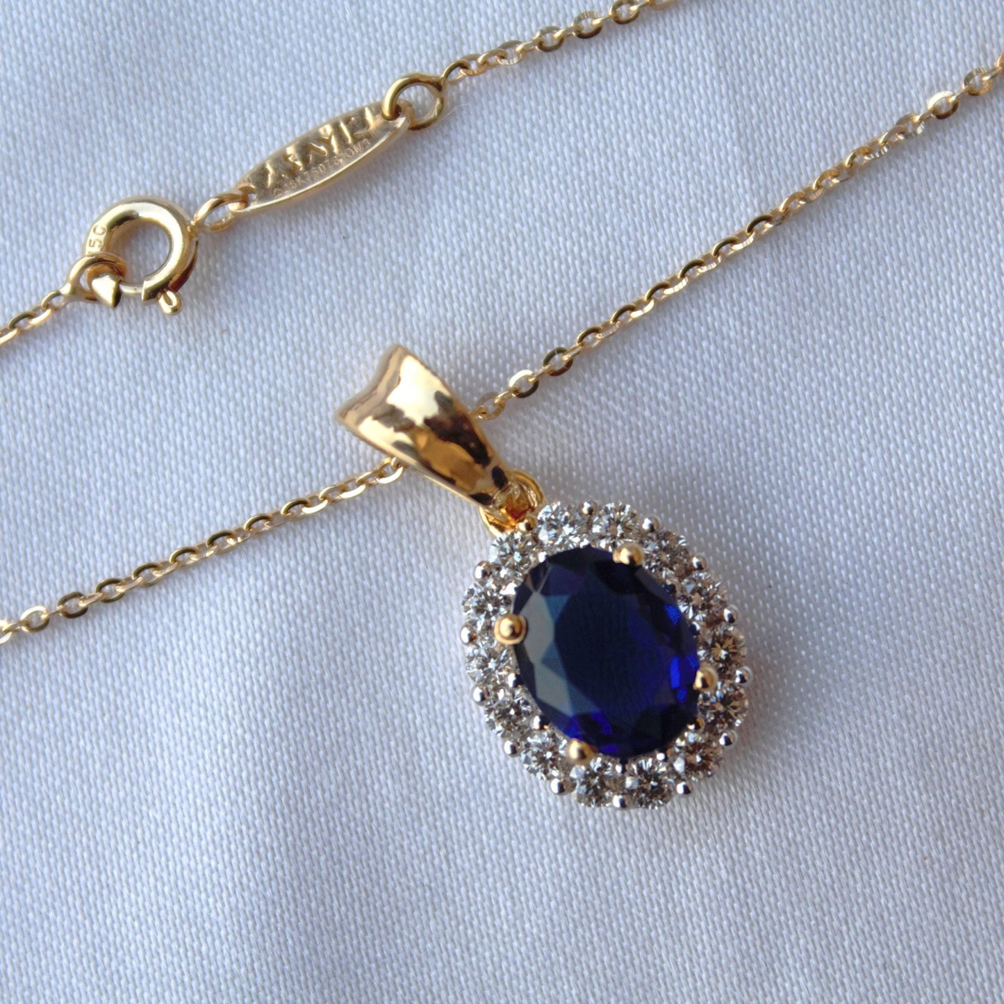 Blue Sapphire with Real Diamonds Jewelry Set, Oval Cut Solitaire Halo Pendant with Stud Earrings, 18k Yellow Gold Jewelry Set for Bridesmaid