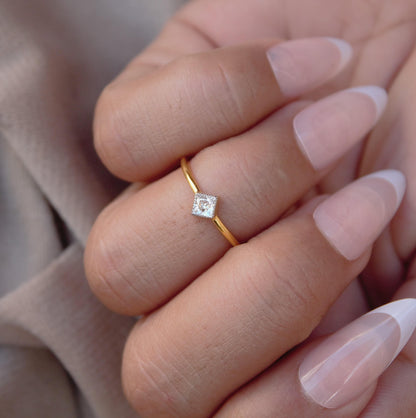 18K Solid Gold Minimalist Ring, 1 Gram Moissanite Ring, Dainty Moissanite Gold Ring, Princess Cut Single Stone Ring For Daughter