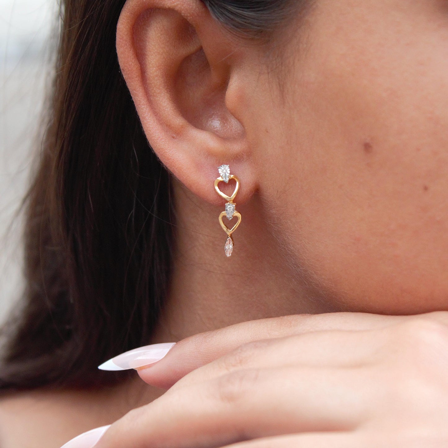 0.07 Carat Natural Diamonds Earrings, Real Diamond Solid Gold Jewelry, Heart Shape Dangle Earrings, 14K Gold With IGI Certified Jewelry