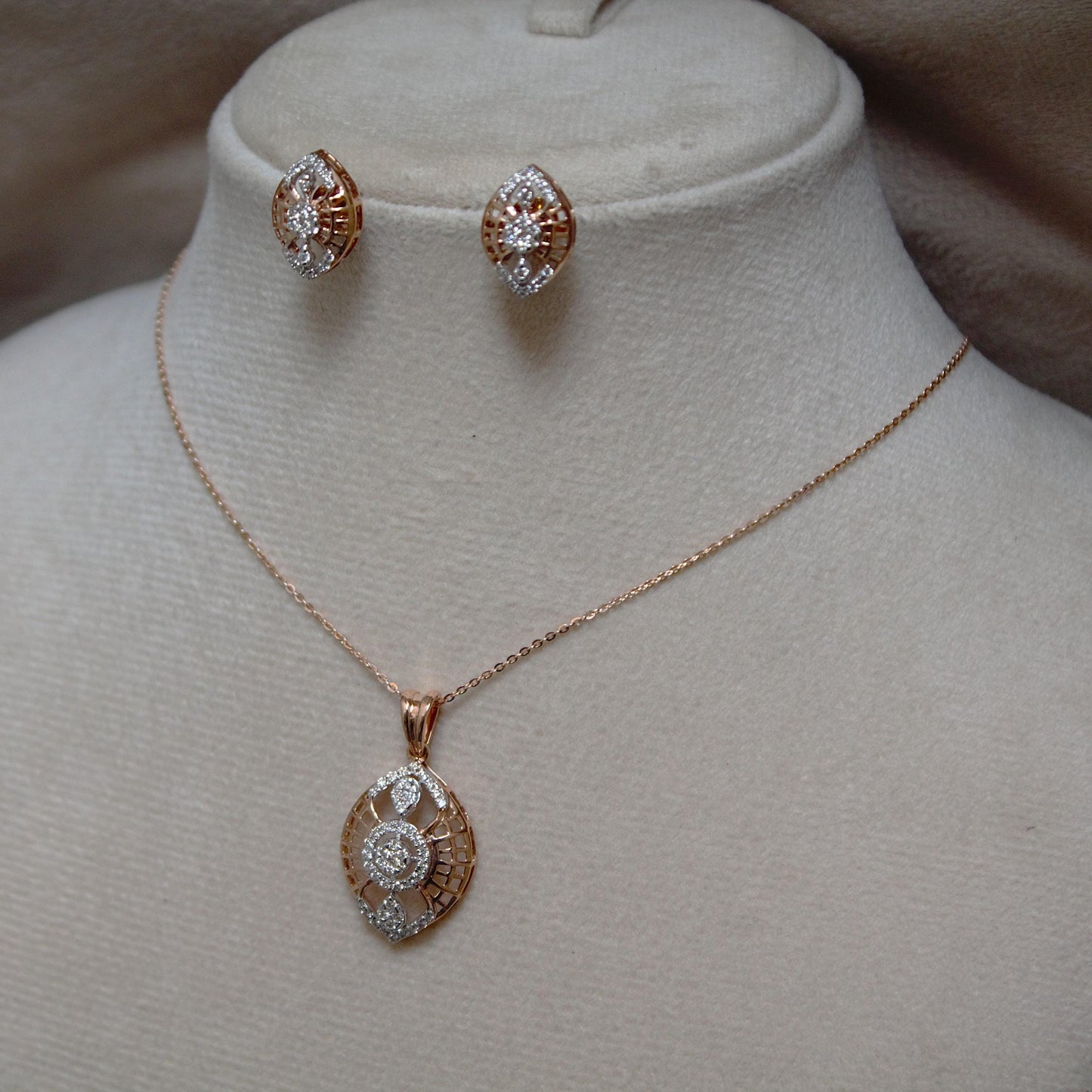Rose Gold Pendant Earring Set, 18k Solid Gold Diamond Jewelry, Real Diamond Necklace with Stud Earrings, IGI Certified Diamond Jewelry Gift
