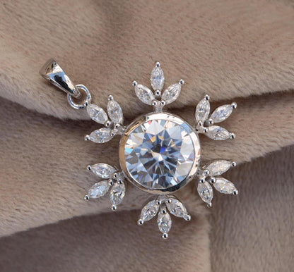 Colorless Moissanite 925 Sterling Silver Pendant for Chain, Floral Design Pendant, Marquise and Round Cut Stone Pendant, Birthday Gift