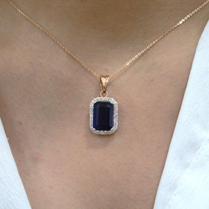 Blue Sapphire with Real Diamond Jewelry Set, 18k Rose Gold Solitaire Halo Pendant with Stud Earrings, Emerald Cut Necklace Earrings Set