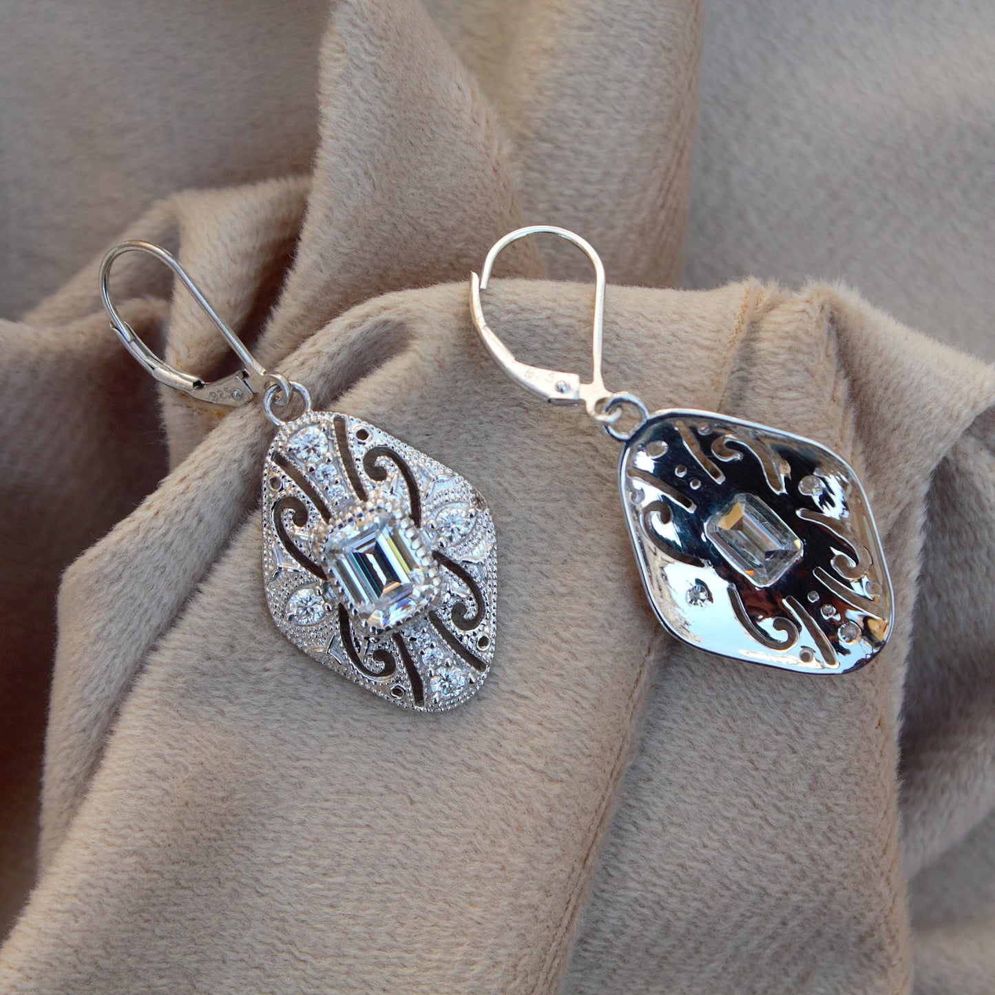 Vintage Style Moissanite Dangle Earrings, 925 Sterling Silver Art Deco Earrings, Antique Filigree Design Earrings, Emerald Cut Earrings