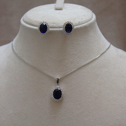 Oval Blue Sapphire with Natural Diamond Jewelry Set, Solitaire Halo Pendant with Stud Earrings, 18k White Gold Jewelry Set Gift for Women