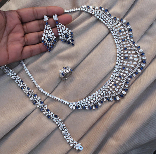 Cubic Zirconia Silver Jewelry Set, Choker Necklace with Earring-Ring-Bracelet, Designer 925Sterling  Jewelry Set Perfect Valentines Day Gift