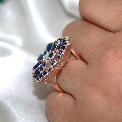 Blue Sapphire & Diamond Flower Ring, Handmade Solid Gold Solitaire Jewelry, Victorian Style Elegant Designer Floral Jewelry for Engagement