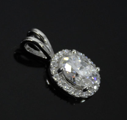 Oval Moissanite 925 Sterling Silver Halo Pendant, Minimalist Jewelry, Silver Dainty Pendant, Four Prong Pendant, Perfect Gift for Bridesmaid