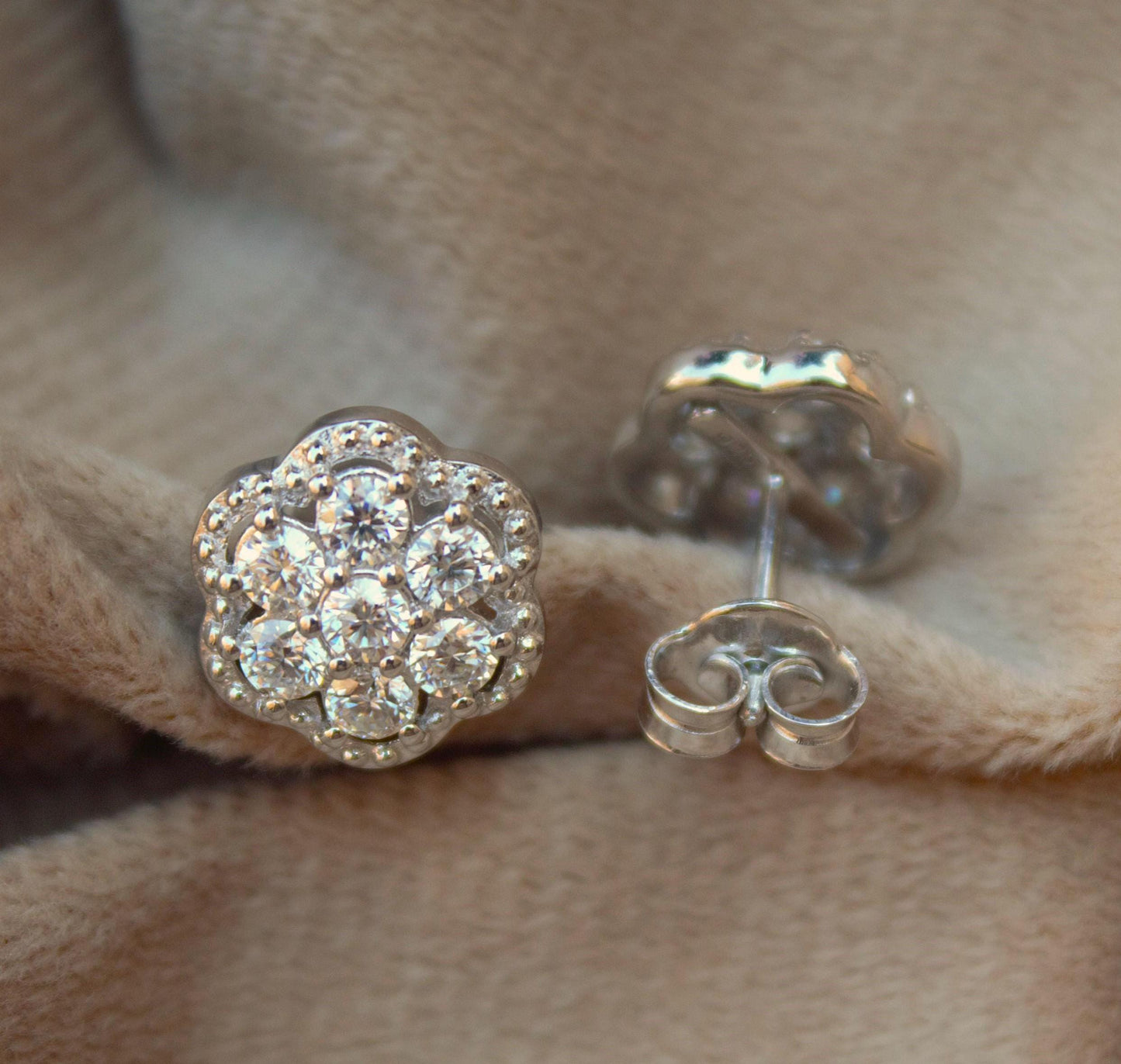 Silver Moissanite Flower Stud Earrings, Solitaire Halo Earrings, Floral Style Round Dainty Stud Earrings, Moissanite Diamond Tester Approved