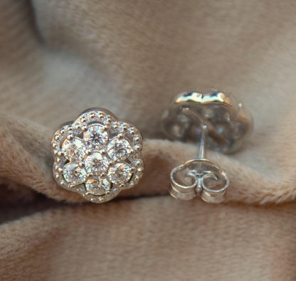 Silver Moissanite Flower Stud Earrings, Solitaire Halo Earrings, Floral Style Round Dainty Stud Earrings, Moissanite Diamond Tester Approved