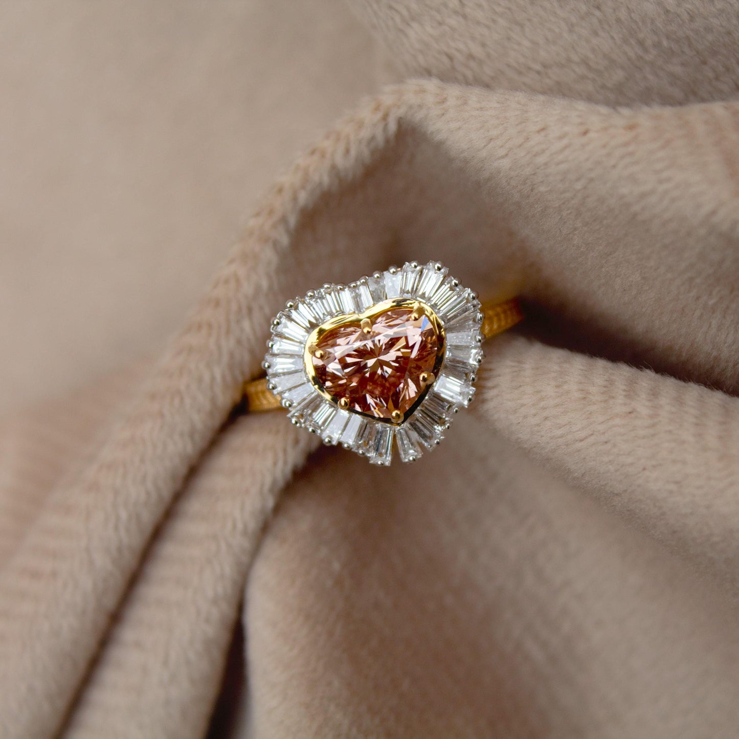 Natural Diamond with Lab Grown Diamond Heart Ring, 18K Solid Yellow Gold Ring, Heart Shape Engagement Ring for Bride, Baguette Diamond Ring