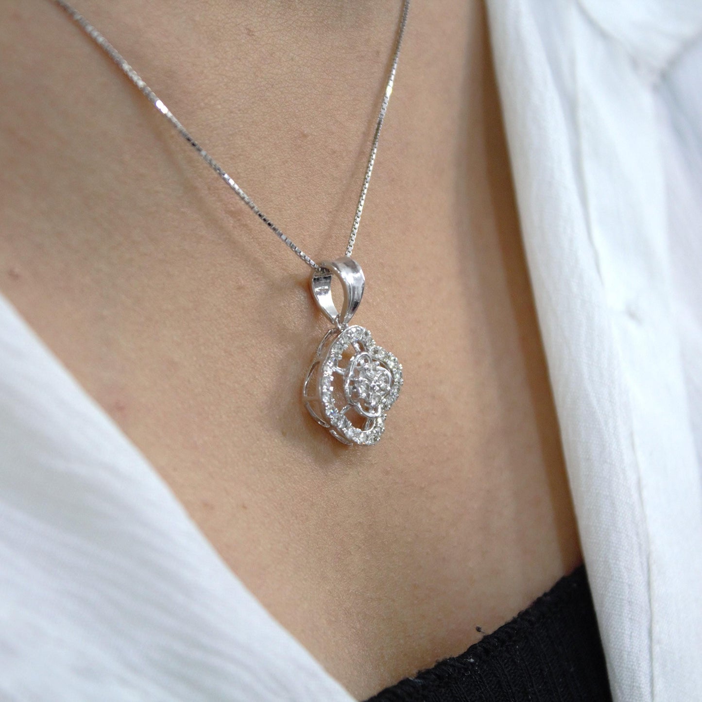 Solitaire Halo Diamond Jewelry Set, 18k White Gold Real Diamond Necklace with Earrings, Dainty Charm Pendant with Stud Earrings for Women