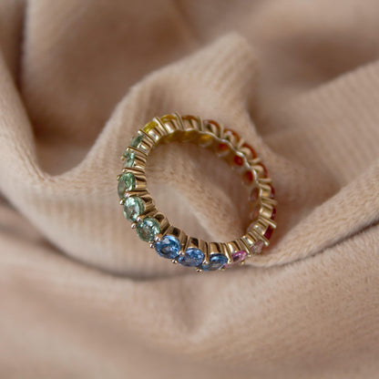 Rainbow Sapphire Eternity Band, 10K White Gold Ring, Full Eternity Ring, Trendy Stackable Band, Natural Multi Stone Ring, Gift for Women