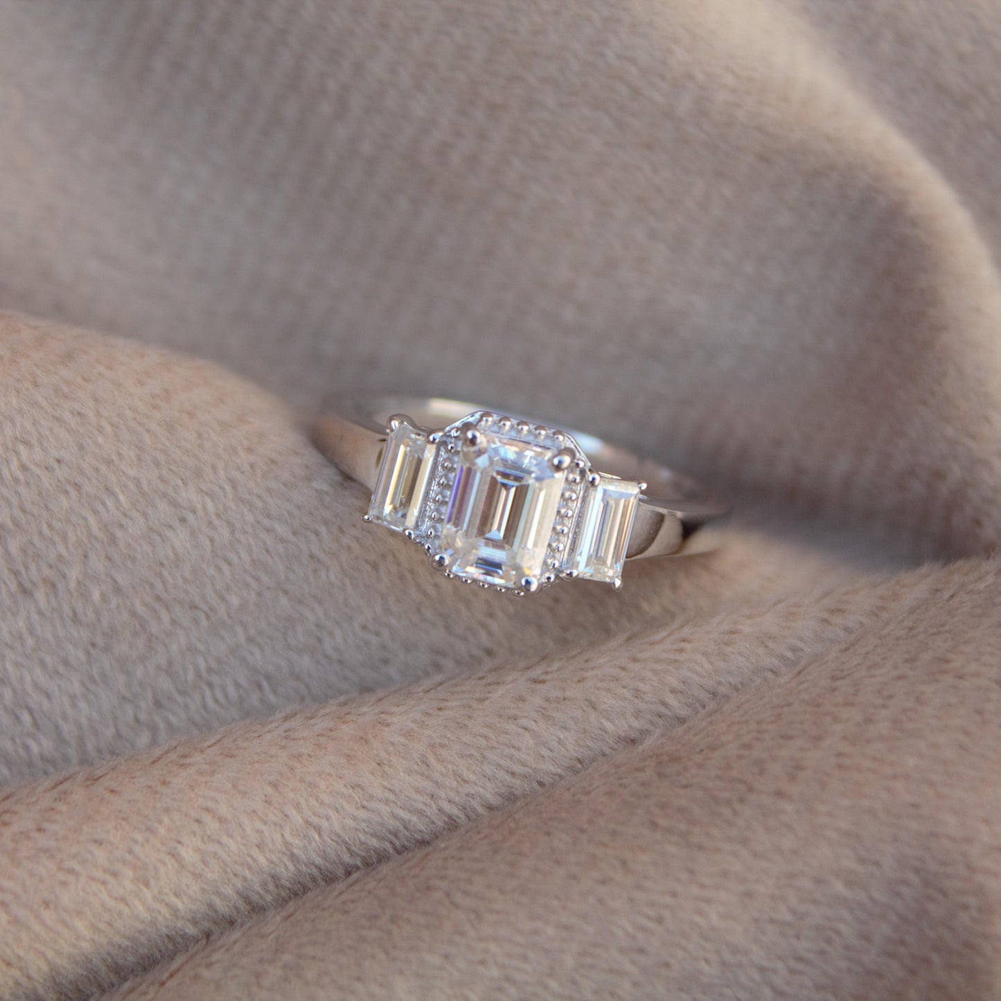 Luxurious Emerald Cut Moissanite Halo Engagement Ring, 925 Silver Ring, Art Deco Proposal Ring Gift, Romantic Proposal Ring or Birthday Gift