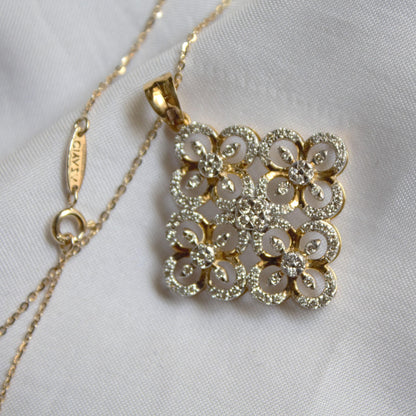 Designer Gold Diamond Jewelry Set, 18k Yellow Gold Chain Pendant with Stud Earrings, Clover Diamond Jewelry, Wedding Jewelry Gift for Bride